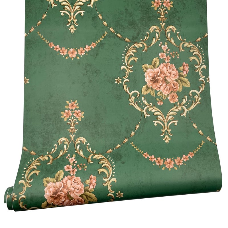 Yifasy Furniture Liner Green Royal Floral Shelf Drawer Lining Paper Self-Adhesive PVC Waterproof Cabinet Door Sticker 118x17.7 Inch - Image 1