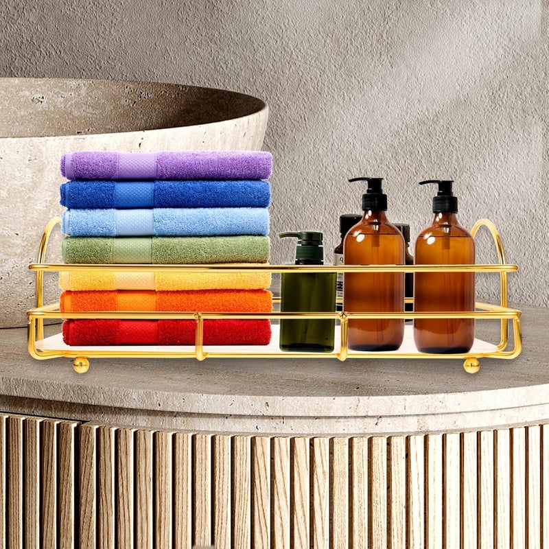 IMIKEYA Bathroom Organizer Countertop Makeup Storage Rack, Single-layer Metal Shower Basket Shelf with Gold-white Finish for Vanity and Toiletries - Image 4