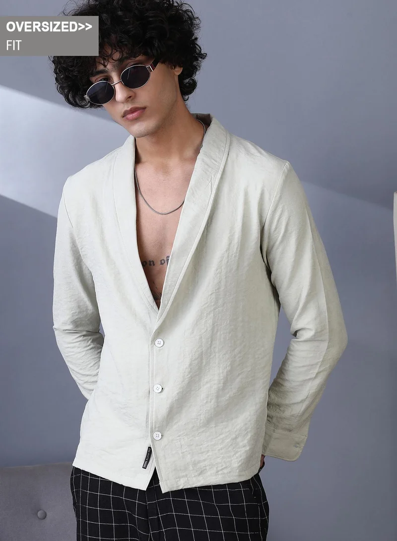 Campus Sutra Men's Light Pistachio Solid Shawl Collar Oversized Shirt