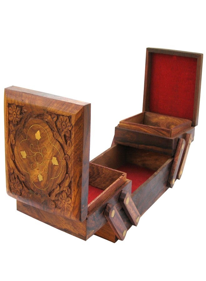 ITOS365 Wooden Jewellery Box for Women - Wood Brown Finish | Handmade Jewellery Storage Ogranizer With Flip Flap Closure & Flower Carved Design | Birthday & Valentine Gifts For Women - 8 Inches - Image 3