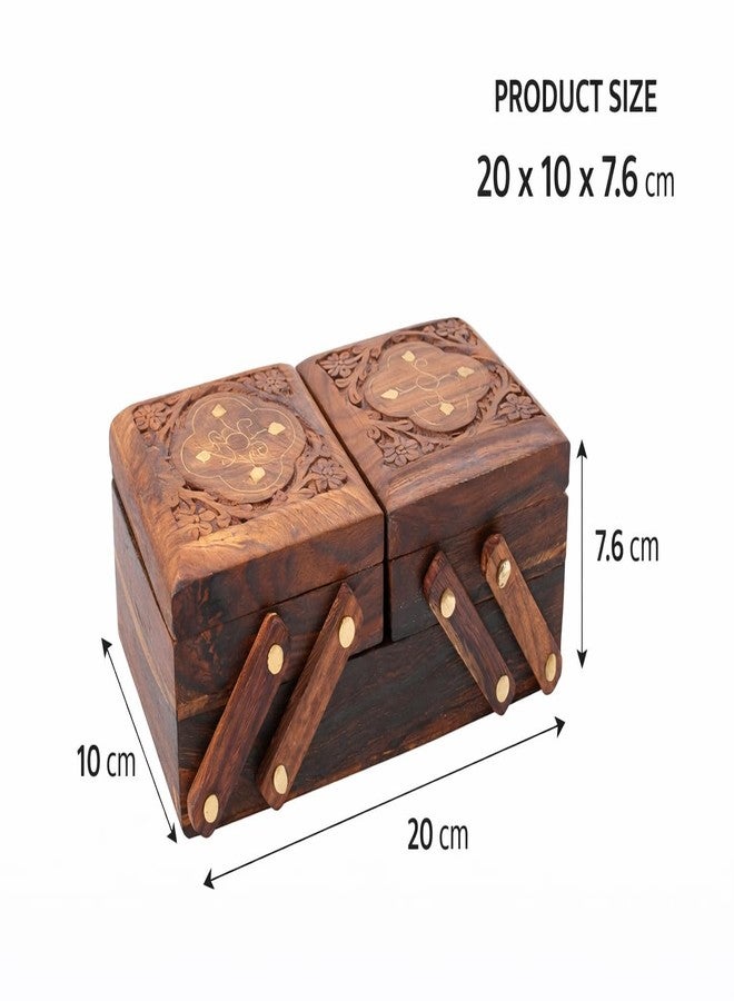 ITOS365 Wooden Jewellery Box for Women - Wood Brown Finish | Handmade Jewellery Storage Ogranizer With Flip Flap Closure & Flower Carved Design | Birthday & Valentine Gifts For Women - 8 Inches - Image 2