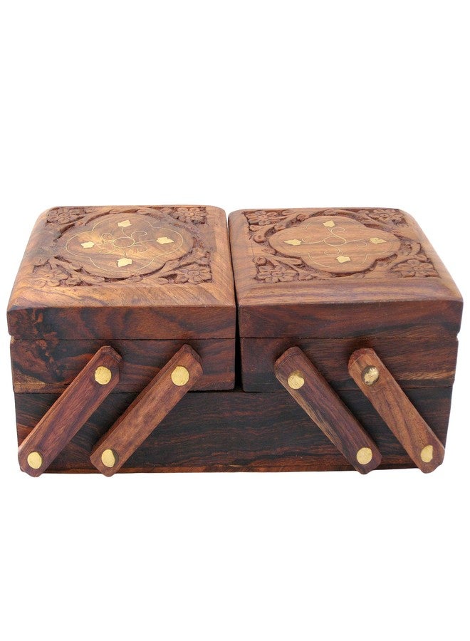 ITOS365 Wooden Jewellery Box for Women - Wood Brown Finish | Handmade Jewellery Storage Ogranizer With Flip Flap Closure & Flower Carved Design | Birthday & Valentine Gifts For Women - 8 Inches - Image 1