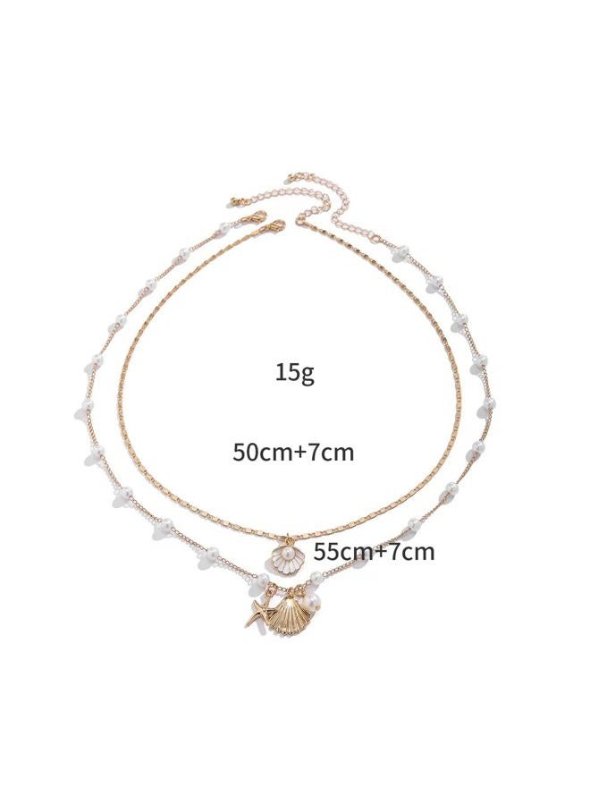 QRH Layered Bohemian Puka Shell Necklace Pearl Starfish Conch Seashell Choker Necklaces for Women Girls Summer Beach Holiday Beach Surfer Jewelry-B - Image 2