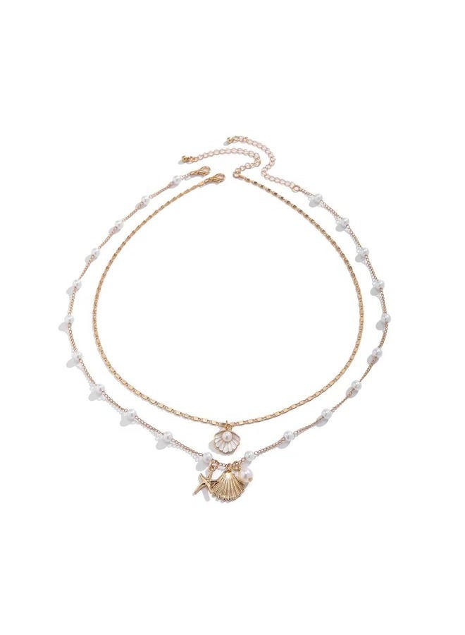 QRH Layered Bohemian Puka Shell Necklace Pearl Starfish Conch Seashell Choker Necklaces for Women Girls Summer Beach Holiday Beach Surfer Jewelry-B - Image 1