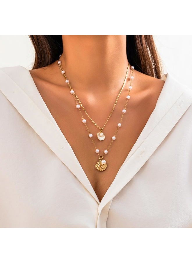 QRH Layered Bohemian Puka Shell Necklace Pearl Starfish Conch Seashell Choker Necklaces for Women Girls Summer Beach Holiday Beach Surfer Jewelry-B - Image 3