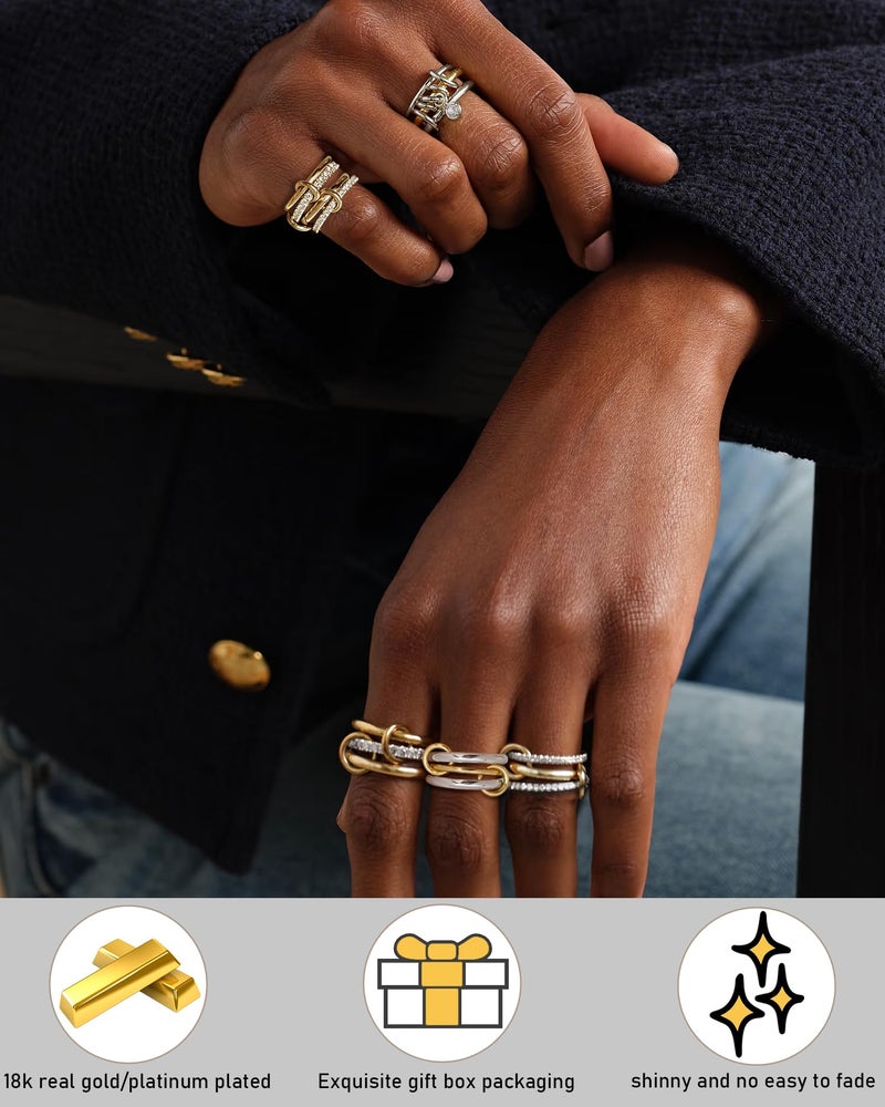 TLY Stackable Gold Rings for Women 18K Gold Plated Interlocking Ring Stack Set Gold Silver Mixed Metal Statement Rings Waterproof Dainty Cubic Zirconia CZ Fashion Connected Band Thumb Ring Size 4-11 Valentines Day Jewelry gifts - Image 4