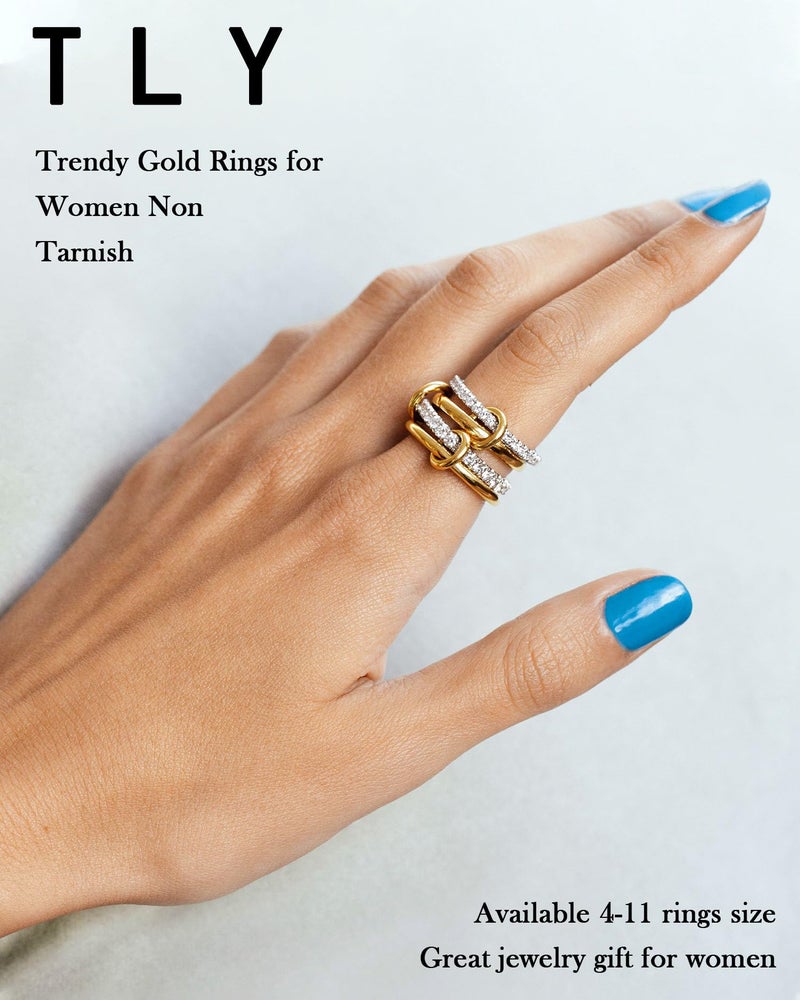 TLY Stackable Gold Rings for Women 18K Gold Plated Interlocking Ring Stack Set Gold Silver Mixed Metal Statement Rings Waterproof Dainty Cubic Zirconia CZ Fashion Connected Band Thumb Ring Size 4-11 Valentines Day Jewelry gifts - Image 2