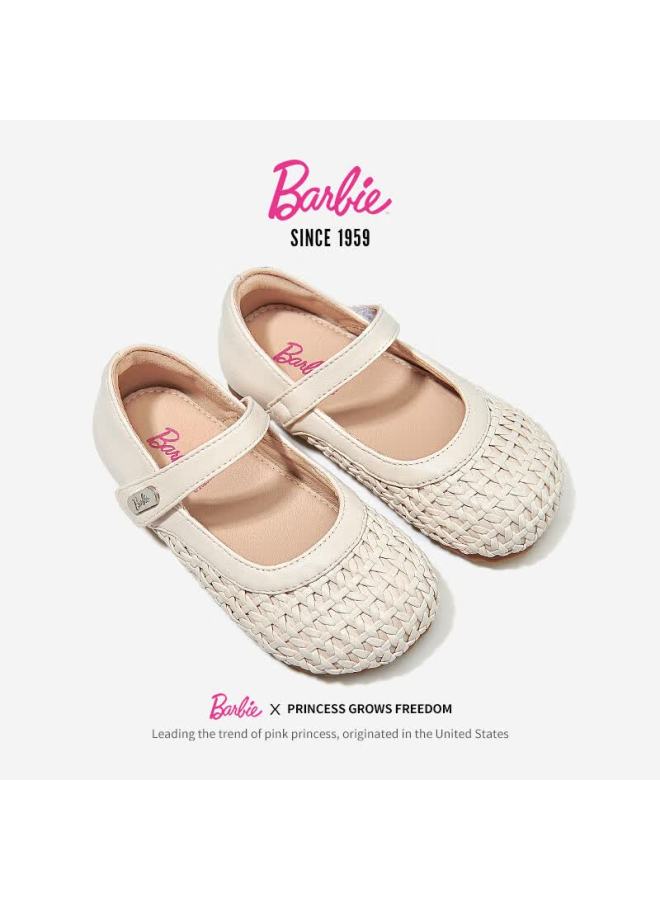 Barbie Children's Shoes, Girls' Spring And Autumn Woven Leather Shoes, Little Girl's Fashionable Closed-toe Princess Shoes Da6916, Beige, Size 30 - Image 3