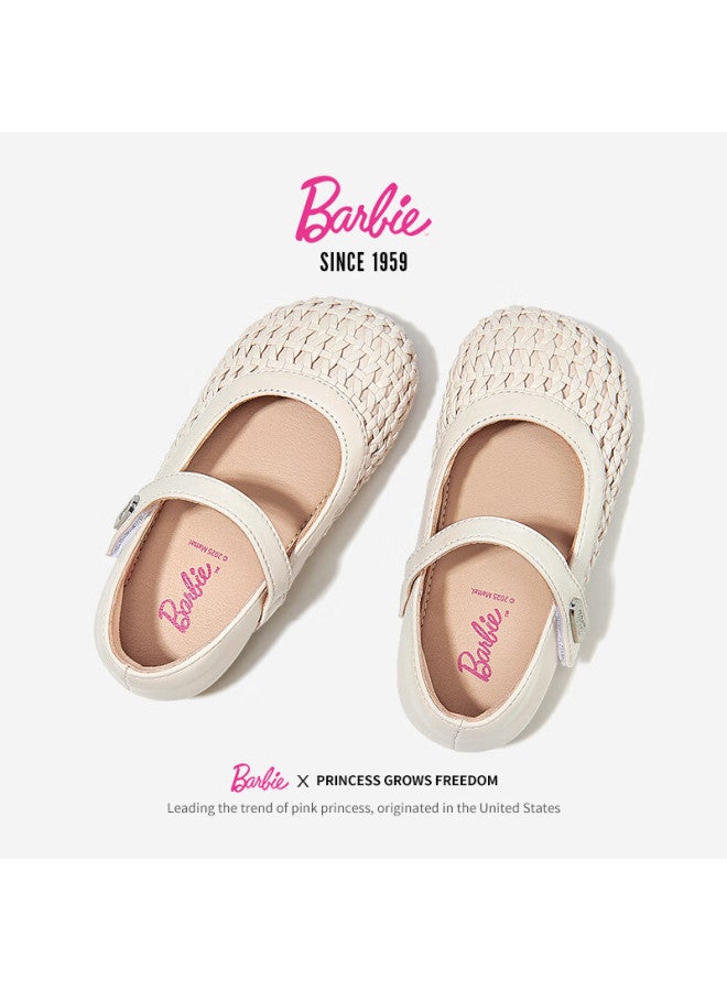 Barbie Children's Shoes, Girls' Spring And Autumn Woven Leather Shoes, Little Girl's Fashionable Closed-toe Princess Shoes Da6916, Beige, Size 30 - Image 5