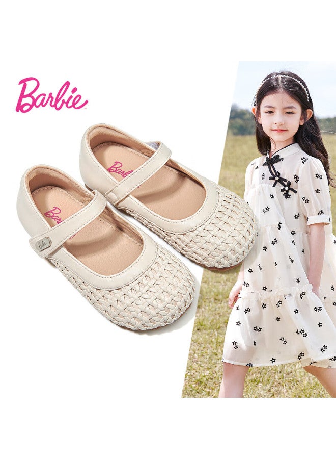Barbie Children's Shoes, Girls' Spring And Autumn Woven Leather Shoes, Little Girl's Fashionable Closed-toe Princess Shoes Da6916, Beige, Size 30 - Image 1