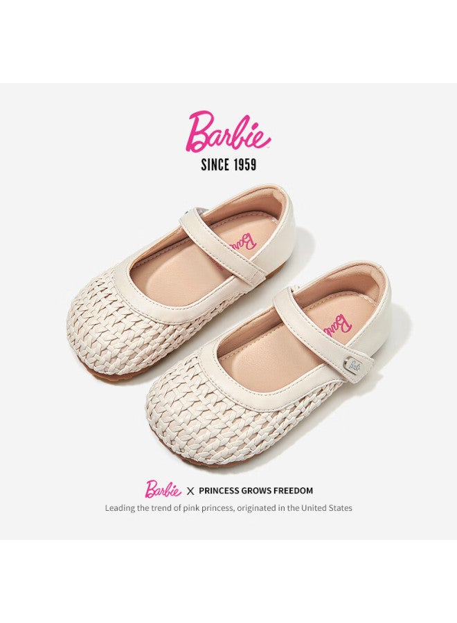 Barbie Children's Shoes, Girls' Spring And Autumn Woven Leather Shoes, Little Girl's Fashionable Closed-toe Princess Shoes Da6916, Beige, Size 30 - Image 2