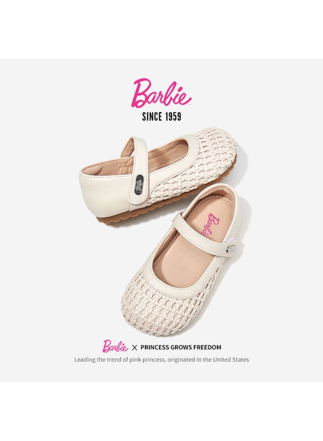 Barbie Children's Shoes, Girls' Spring And Autumn Woven Leather Shoes, Little Girl's Fashionable Closed-toe Princess Shoes Da6916, Beige, Size 30 - Image 4