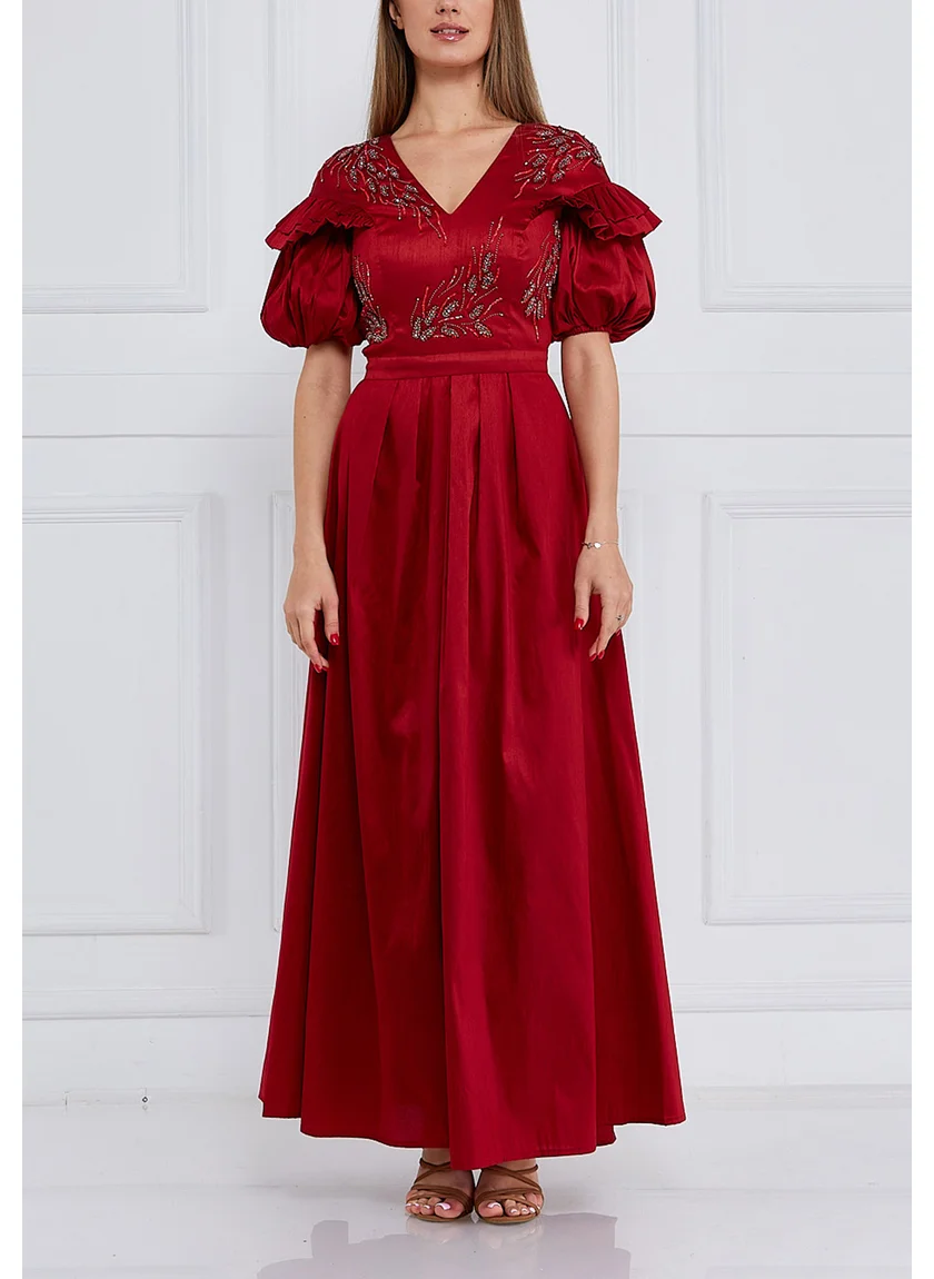 Amri Stunning Embroidered Long Dress With V-Neckline And Puff Sleeves