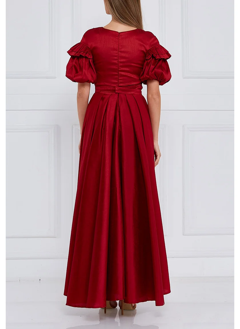 Amri Stunning Embroidered Long Dress With V-Neckline And Puff Sleeves