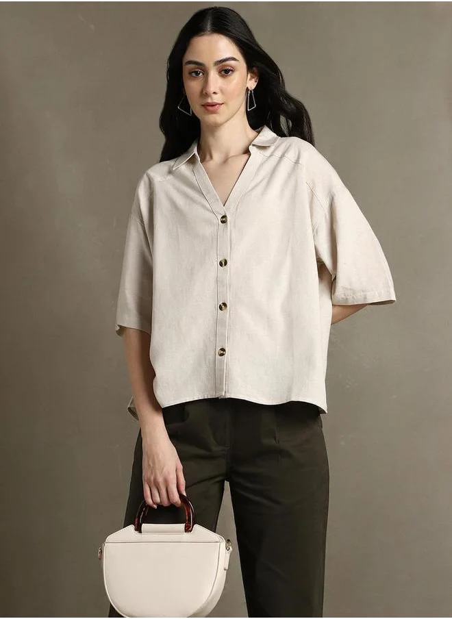 دينيس لينغو Spread Collar Cotton Oversized Casual Shirt