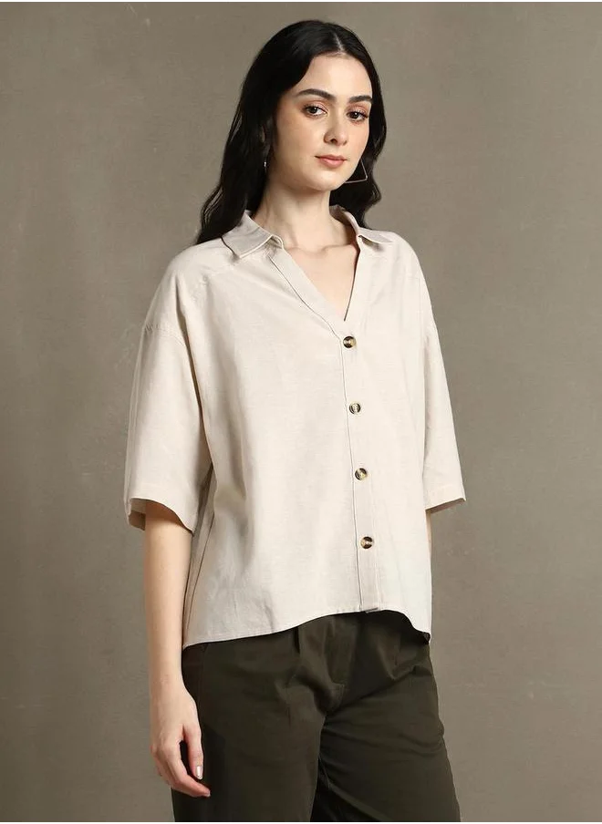 دينيس لينغو Spread Collar Cotton Oversized Casual Shirt