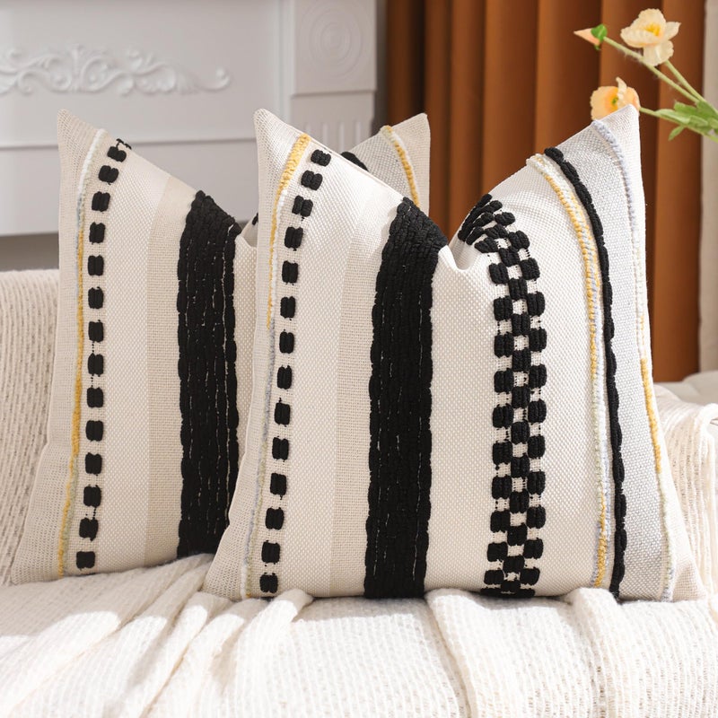 Tosleo Boho Throw Pillow Covers 18x18 inch Set of 2 Black and Beige Stripe Tufted Decorative Pillow Cases Accent Chenille Pillowcases Farmhouse Patterned Cushion Case Nuetral Textured Pillow Cover