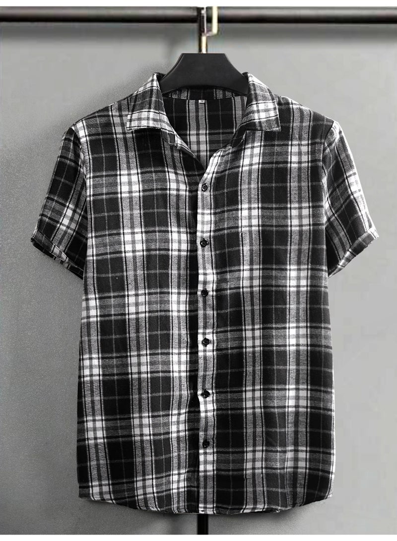 Men's Black White Plaid Checkered Shirt Short Sleeve Button Up Casual Shirt - Image 5