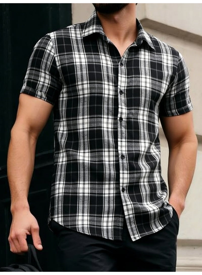 Men's Black White Plaid Checkered Shirt Short Sleeve Button Up Casual Shirt - Image 2