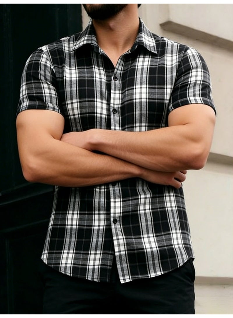 Men's Black White Plaid Checkered Shirt Short Sleeve Button Up Casual Shirt - Image 3