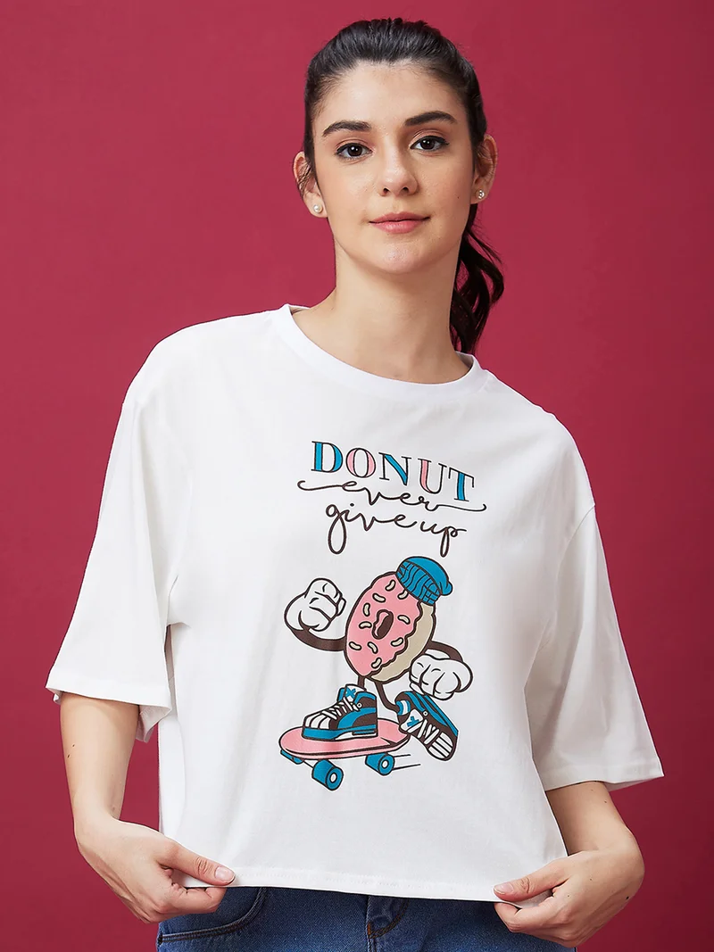 globus Women Typography Printed Oversized Drop-Shoulder Sleeves Pure Cotton Boxy T-Shirt