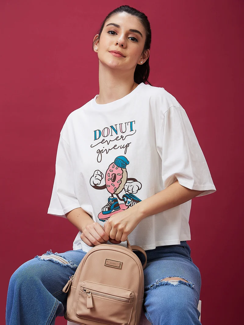 globus Women Typography Printed Oversized Drop-Shoulder Sleeves Pure Cotton Boxy T-Shirt