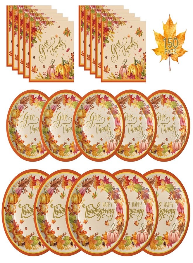 Litmitfu 150 Pack Happy Thanksgiving Plates and Napkins Sets - Disposable Fall Paper Plates Napkins Dinnerware, Give Thanks Heavy Duty Dessert Dinner Plate for Thanksgiving Party Supplies Table Decor, Serve 50 - Image 1