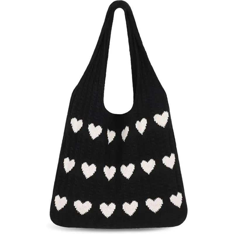 Kawn® Premium Knitted Heart Pattern Tote Bag Large Stylish and Durable Trendy bag for Everyday Use Beach Shopping Travel Work – Comfortable and Trendy Design (Black) - Image 1
