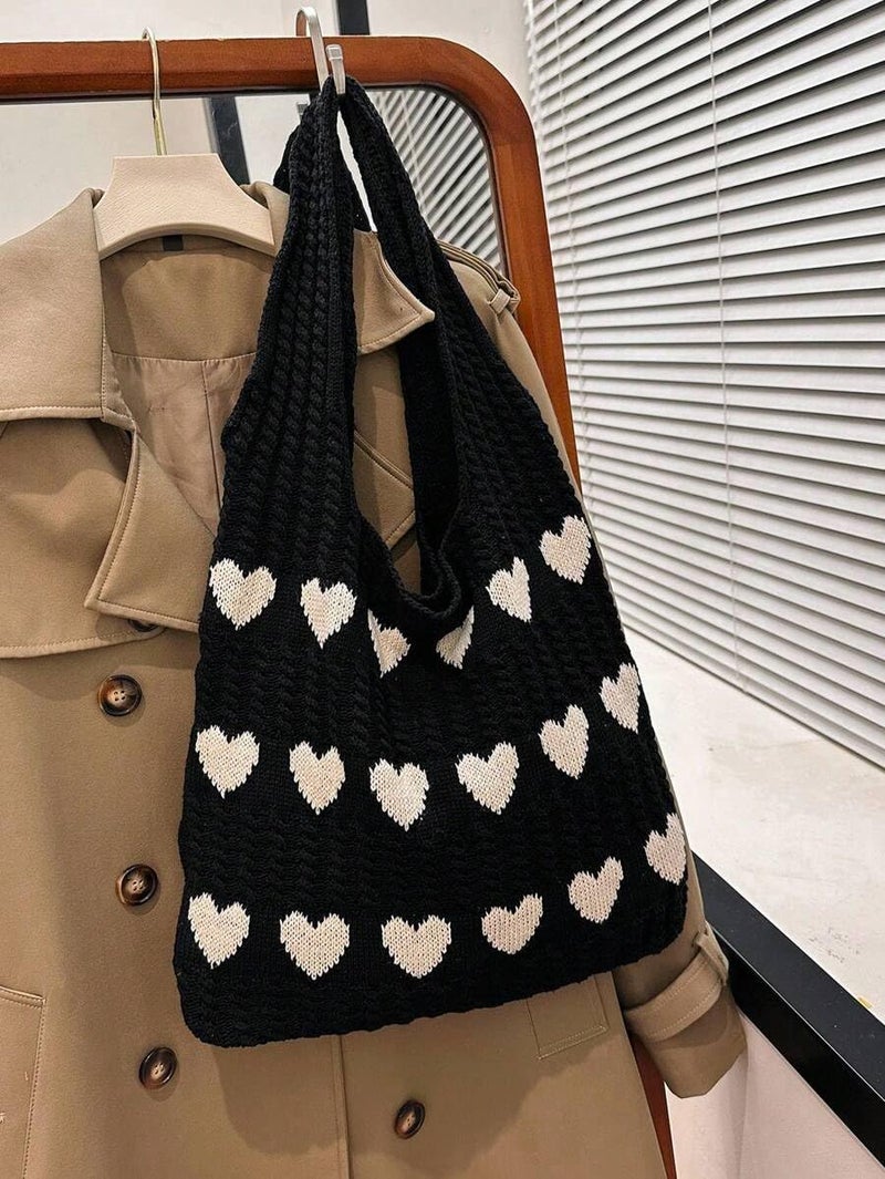 Kawn® Premium Knitted Heart Pattern Tote Bag Large Stylish and Durable Trendy bag for Everyday Use Beach Shopping Travel Work – Comfortable and Trendy Design (Black) - Image 4