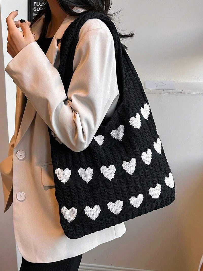 Kawn® Premium Knitted Heart Pattern Tote Bag Large Stylish and Durable Trendy bag for Everyday Use Beach Shopping Travel Work – Comfortable and Trendy Design (Black) - Image 3