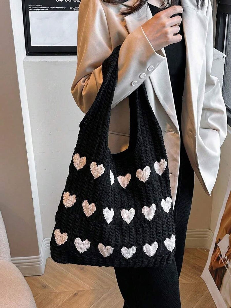 Kawn® Premium Knitted Heart Pattern Tote Bag Large Stylish and Durable Trendy bag for Everyday Use Beach Shopping Travel Work – Comfortable and Trendy Design (Black) - Image 5