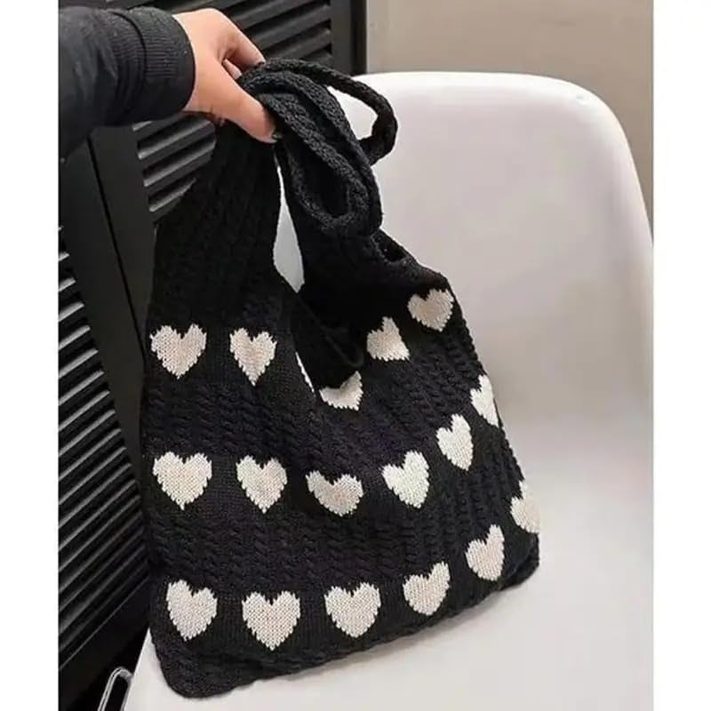 Kawn® Premium Knitted Heart Pattern Tote Bag Large Stylish and Durable Trendy bag for Everyday Use Beach Shopping Travel Work – Comfortable and Trendy Design (Black) - Image 2