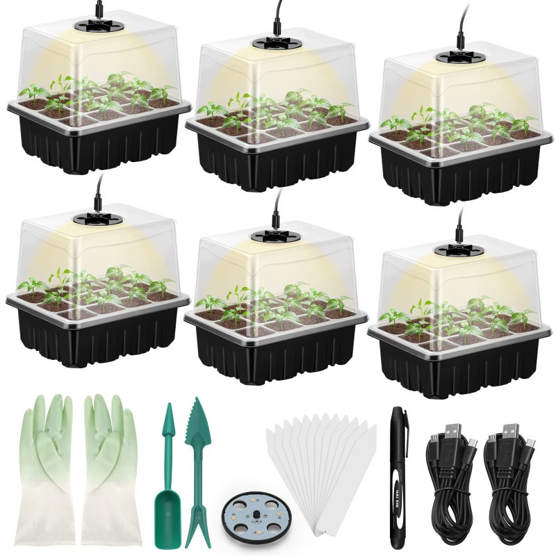 Lunies 6 Packs Seed Starter Trays with Grow Light Seeding Starter Tray with Adjustable Humidity Dome Base Indoor Greenhouse Germination Kit for Seed Growing Starting12 Cells per Tray Black