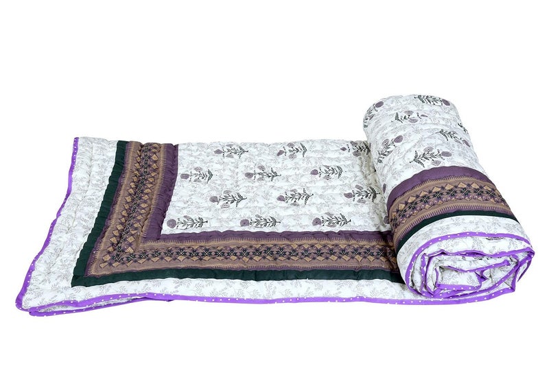 SVT Traditional Famous Rajasthani Print Jaipuri Beautiful Floral Print in White & Purple Jaipuri Rajai/Razai/Quilt Single/Single Bed Quilt/Comforter/AC Quilt/AC Comforter - Image 1