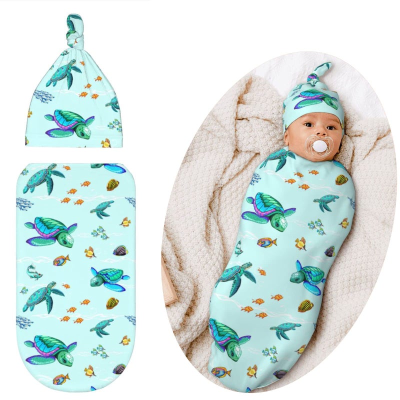 Qwalnely Swaddling Blanket for Baby Sleeping Sacks Unisex Baby Stuff with Hat Turtle