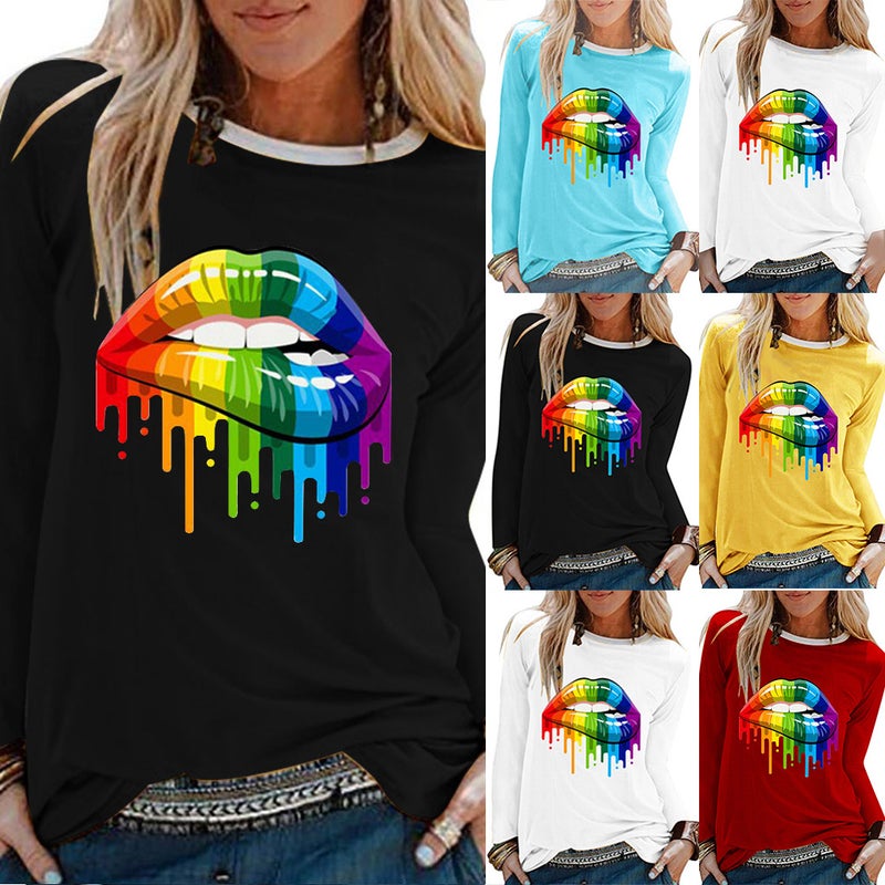 Long Sleeve Women'S T-Shirt Top Polyester Cotton Lips Colorful Red Printed T-Shirt Top Casual Plus Size T - Image 2
