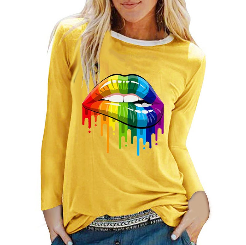 Long Sleeve Women'S T-Shirt Top Polyester Cotton Lips Colorful Red Printed T-Shirt Top Casual Plus Size T - Image 3