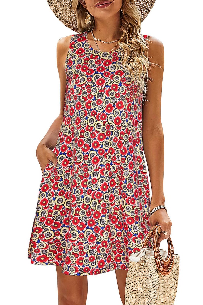 SimpleFun Womens Summer Dresses Sleeveless T Shirt Sundress Trendy Floral Tank Dress with Pockets Red,L - Image 1