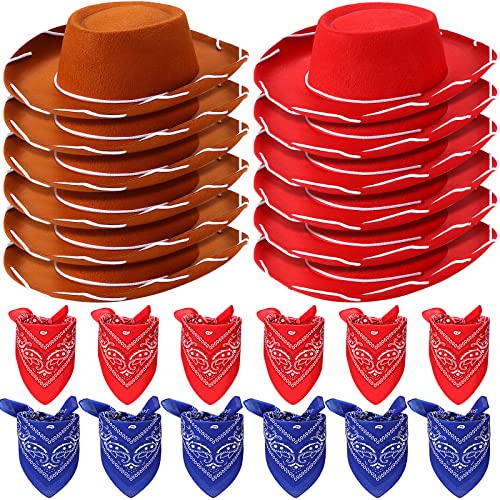 Coume 24 Pieces Cowboy Hats and Bandanas for Kids Western Cowboy Costume Hat Accessories for Toddler Child Western Theme Birthday Party Supplies Halloween Costume DressBrown Red - Image 1