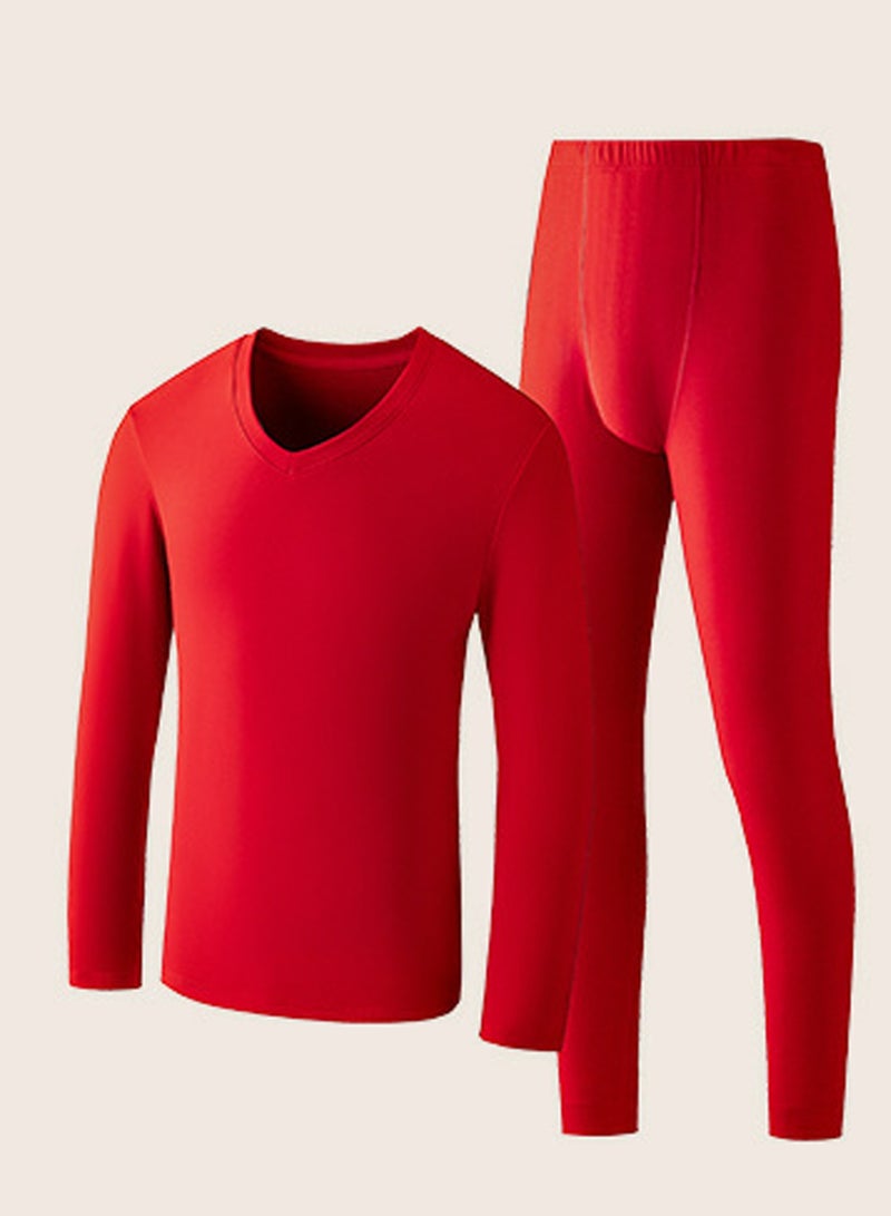 إسكدنيا Mens Solid Color Skin Friendly Thick Long Johns Fleese And V-Neck Thermal Underwear Set, 2 Piece Cold Weather Base Layer Set for Men Red 