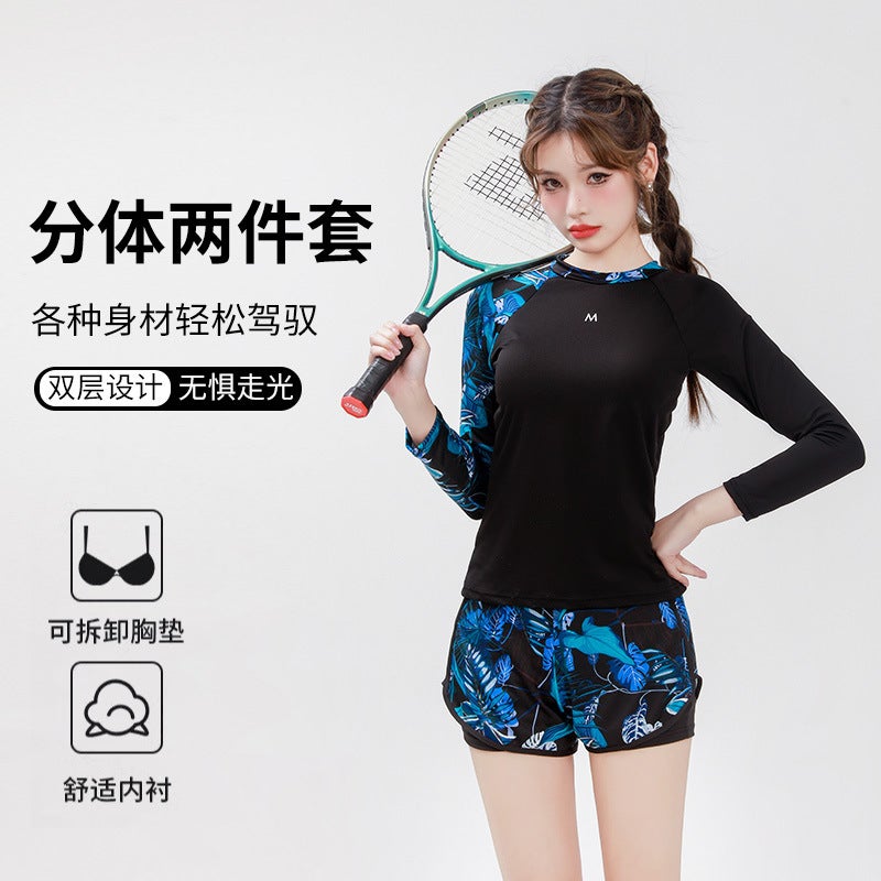 Student'S Boxer Shorts Sports Style Long Sleeve Sun Protection And Flesh Covering Slimming Two-Piece Swimsuit Swimsuit Ladies Split - Image 2