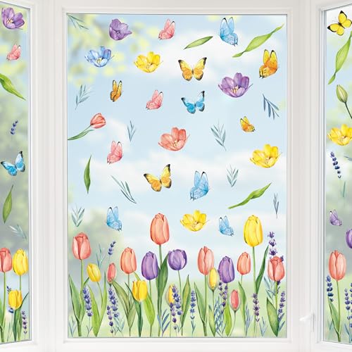 Traplace 210PCS Spring Window Clings, 9 Sheet Spring Window Clings for Glass Windows with Tulip Flowers Butterfly, Double-Side Decals Stickers Decorations for Home Office Decor - Image 1