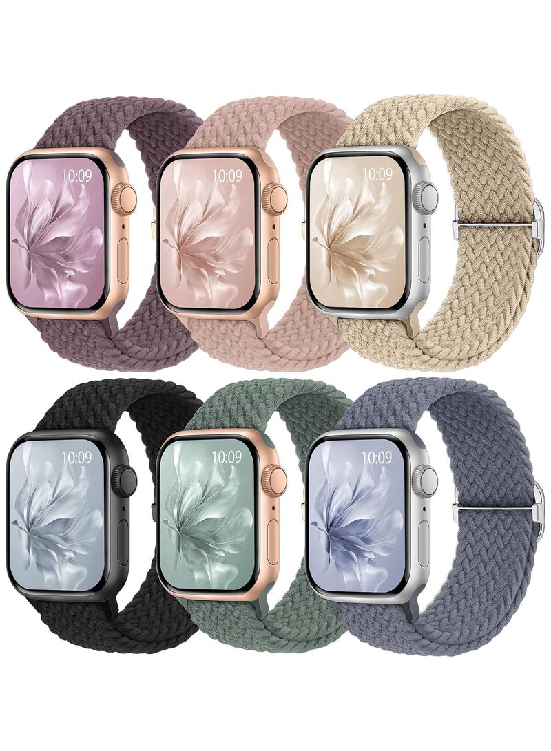 6 Pack Braided Stretchy Bands Compatible with Apple Watch Band 38mm 40mm 41mm 42mm Women Men, Adjustable Nylon Solo Loop Elastic Straps for iWatch Series 10 9 8 7 6 5 4 3 SE Ultra - Image 1