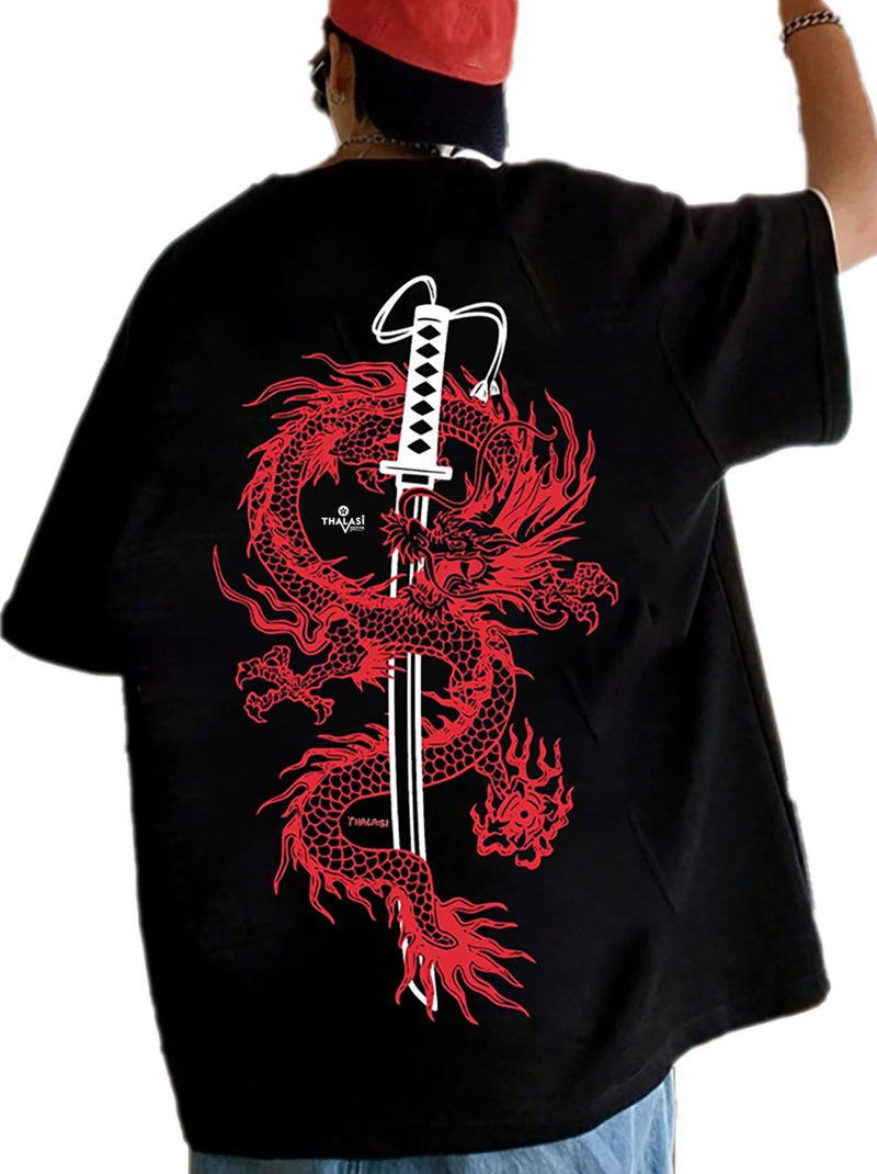THALASI Men Cotton Dragon Back Printed Aesthetic Anime Oversized T Shirt for Men | Half Sleeve Round Neck Printed Tshirt for Men - Down Shoulder Loose & Baggy Fit Korean T Shirts for Man & Boys Black - Image 1