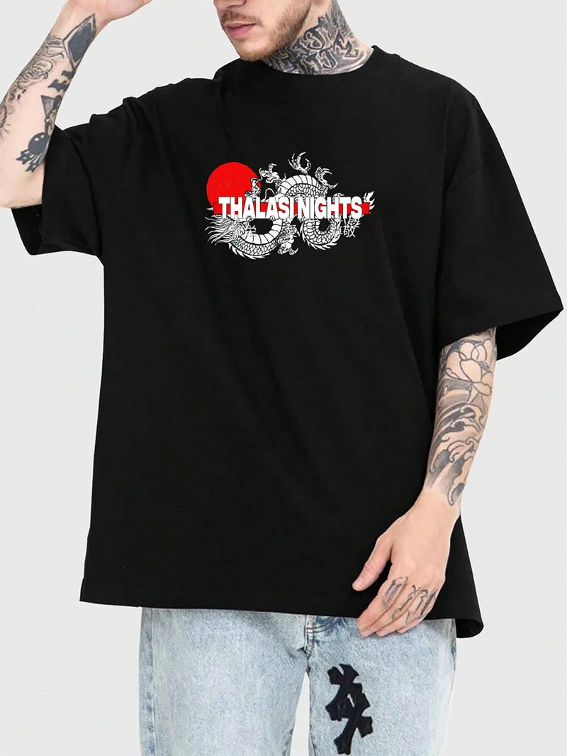 THALASI Men Cotton Dragon Back Printed Aesthetic Anime Oversized T Shirt for Men | Half Sleeve Round Neck Printed Tshirt for Men - Down Shoulder Loose & Baggy Fit Korean T Shirts for Man & Boys Black - Image 2