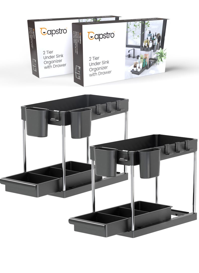 2 Tier Under Sink Organizer with Drawer: Multi-Purpose Storage Solution with Specialy  designed Handle, Anti-Slip Mats, Additional 4 Hooks, 2 Cups, and Enlarged Size - Secret Black, Pack of 2