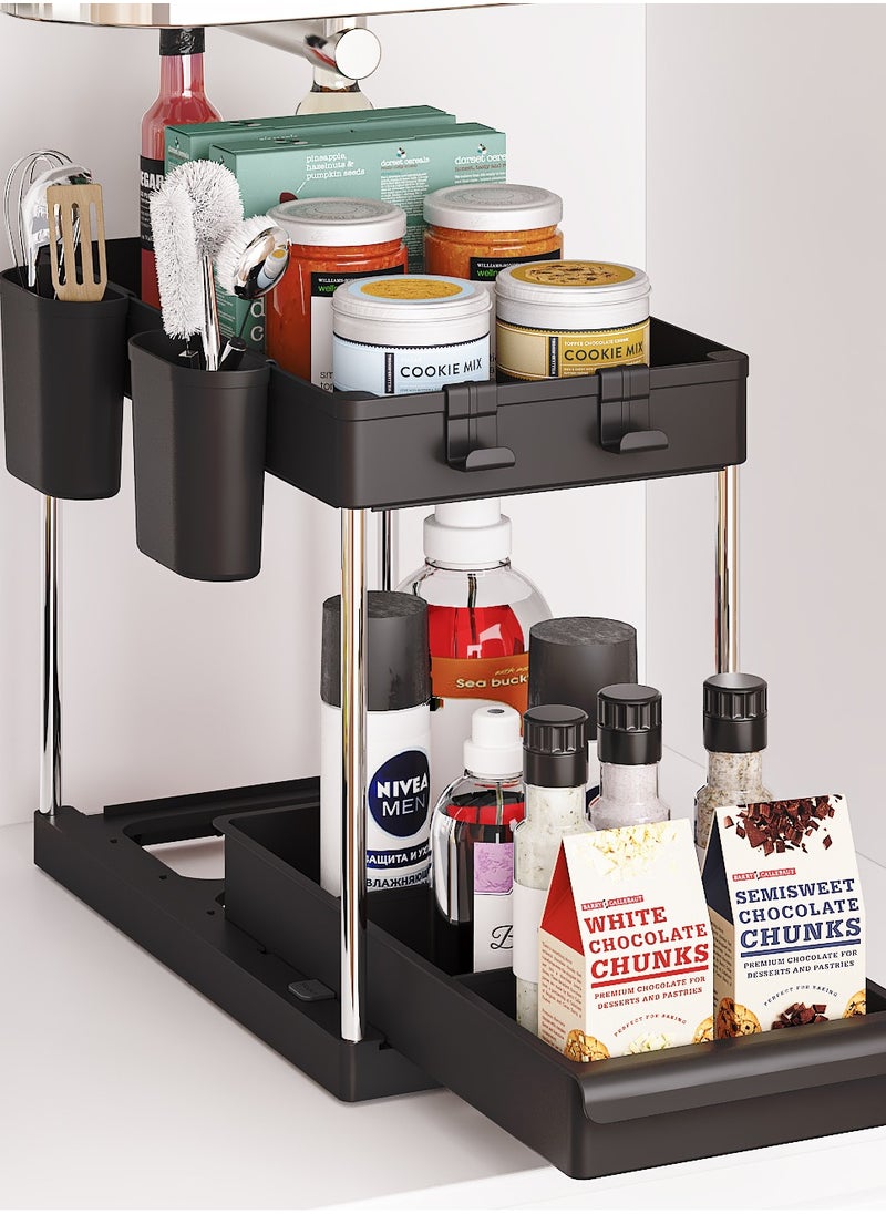 2 Tier Under Sink Organizer with Drawer: Multi-Purpose Storage Solution with Specialy  designed Handle, Anti-Slip Mats, Additional 4 Hooks, 2 Cups, and Enlarged Size - Secret Black, Pack of 2