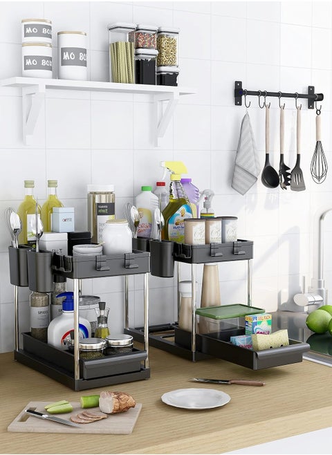 2 Tier Under Sink Organizer with Drawer: Multi-Purpose Storage Solution with Specialy  designed Handle, Anti-Slip Mats, Additional 4 Hooks, 2 Cups, and Enlarged Size - Secret Black, Pack of 2