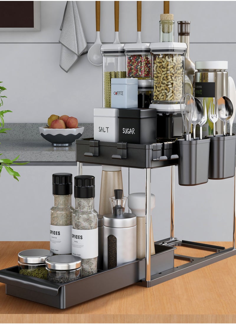 2 Tier Under Sink Organizer with Drawer: Multi-Purpose Storage Solution with Specialy  designed Handle, Anti-Slip Mats, Additional 4 Hooks, 2 Cups, and Enlarged Size - Secret Black, Pack of 2