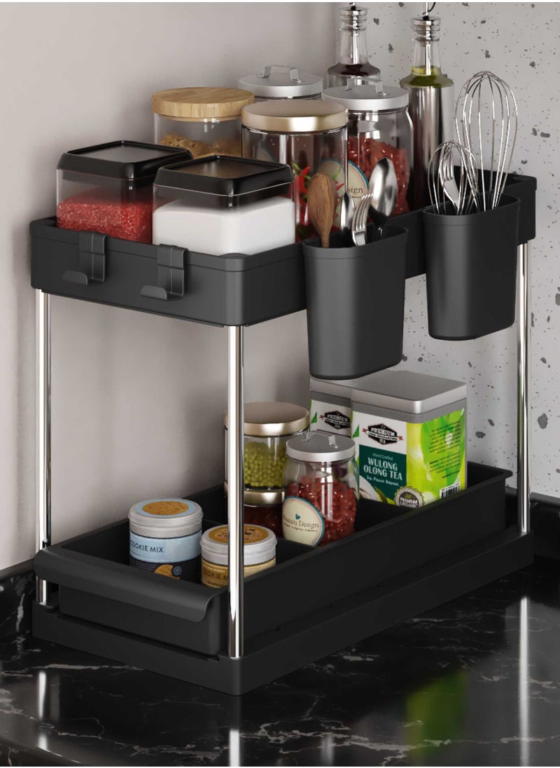 2 Tier Under Sink Organizer with Drawer: Multi-Purpose Storage Solution with Specialy  designed Handle, Anti-Slip Mats, Additional 4 Hooks, 2 Cups, and Enlarged Size - Secret Black, Pack of 2